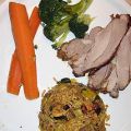 Putenkeule mit Curry–Nuss–Reis und Gemüse