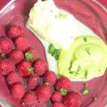 Avocadocreme, Zitronensorbet und Himbeeren