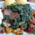 Lachs auf Paprikagemüse mit Bärlauchhaube