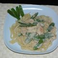 Spaghetti mit Hühnchen und Zuckerschoten