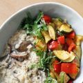 Champignon-Risotto mit sommerlichem Ofengemüse