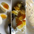 Gefüllte Eier mit Feta und Oliven auf Lauchbett