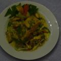 Lachs- Miesmuscheln auf Gemüse an Safransauce.