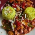 Leberkäsepfanne mit Paprika und Reis