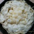 Spargel auf Spaghettibett mit Gorgonzolasauce