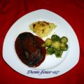 Rumpsteak mit Rosenkohl und Kartoffelgratin