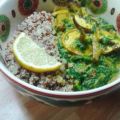 Seitan-Spinat-Pilz-Pfanne mit Kurkuma und Quinoa